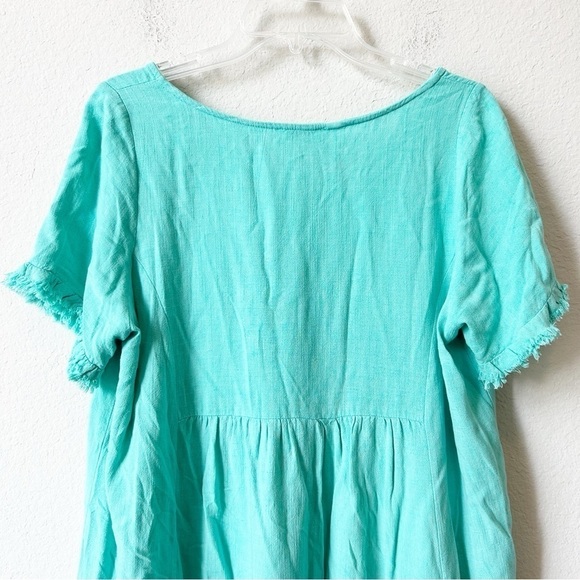 Umgee Green Babydoll Linen Cotton Ruffle Tunic Blouse Top Frayed Hem Sz M - Picture 10 of 12